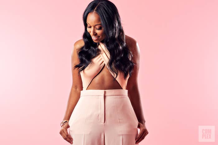 Shiona Turini wears a pink pantsuit for Complex in New York, NY. August 2016.