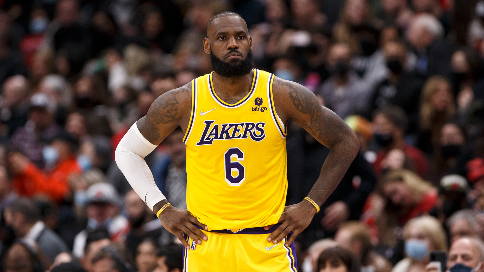 LeBron James #6 of the Los Angeles Lakers during their NBA game against the Toronto Raptors