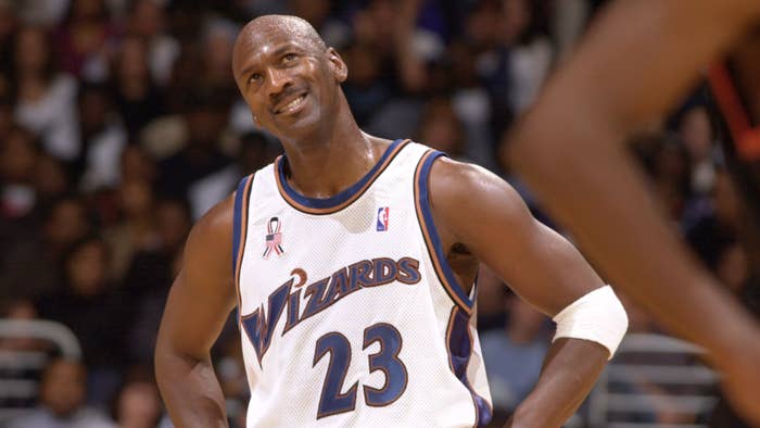 Michael Jordan #23 of the Washington Wizards smiles as he picks up 20 points against the Philadelphia 76ers as the Wizards defeated the 76ers 90-76 in NBA action at the MCI Center in Washington DC.