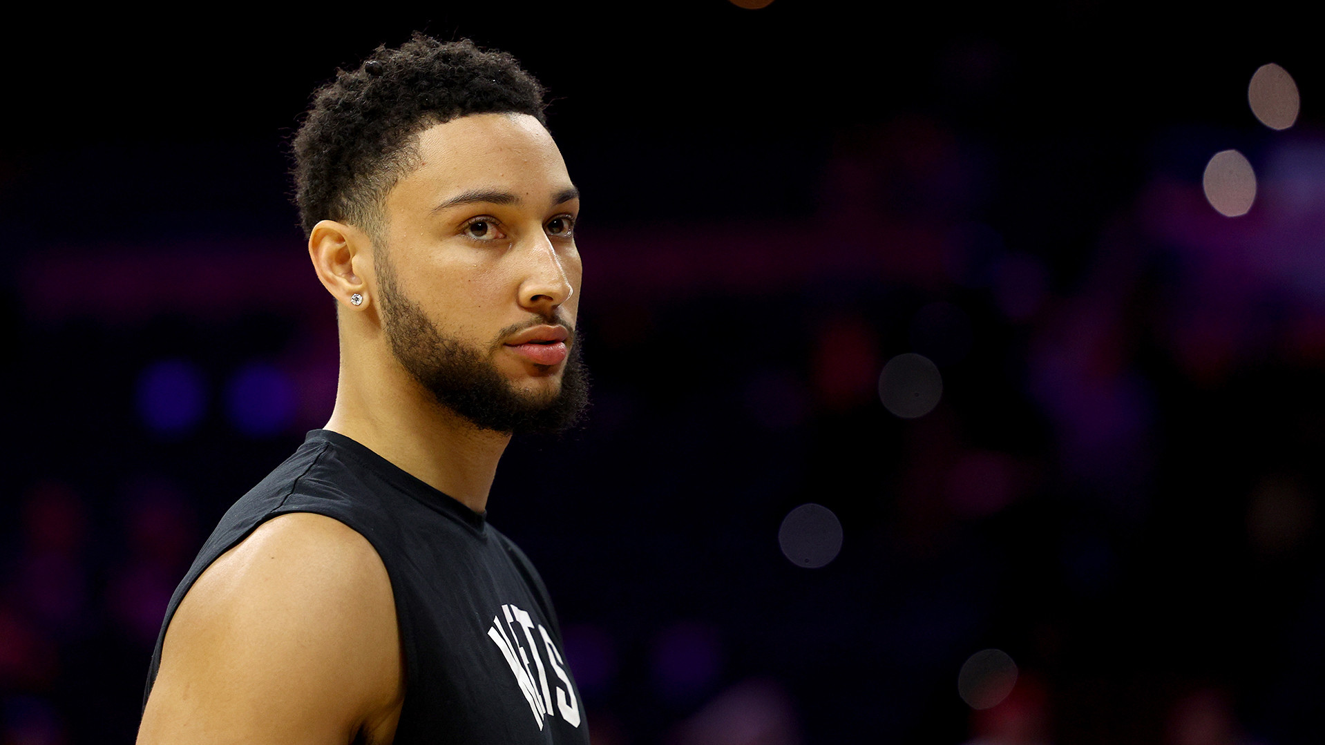 Ben Simmons of the Brooklyn Nets warms up before the game against the Philadelphia 76ers