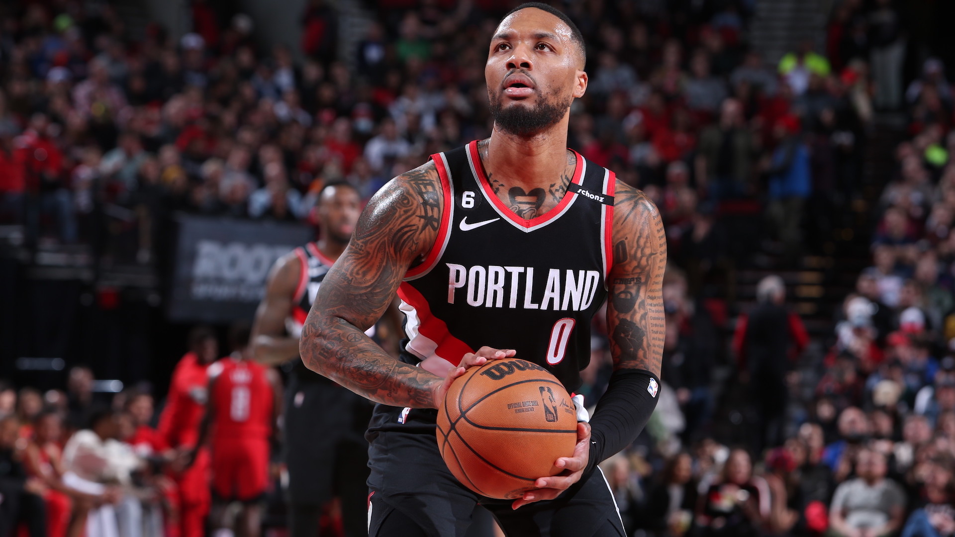 Damian Lillard during the Portland Trail Blazer&#x27;s game against the Houston Rockets in February 2023
