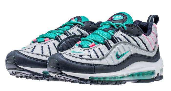 Nike Air Max 98 &#x27;Pure Platinum/Obsidian/Kinetic Green&#x27; 640744 005 (Front Pair)