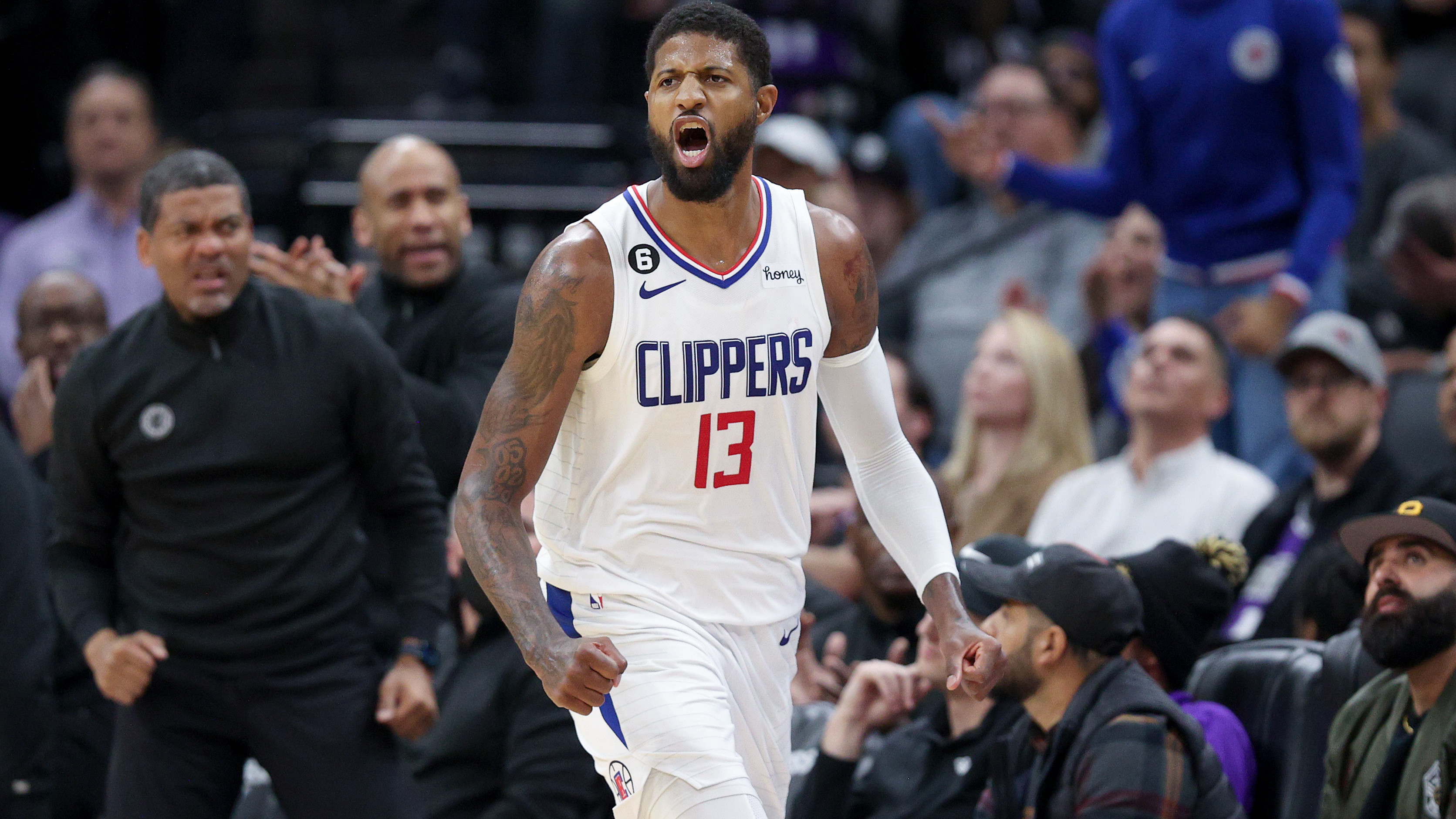 Paul George fist pumps during the game in the regular season