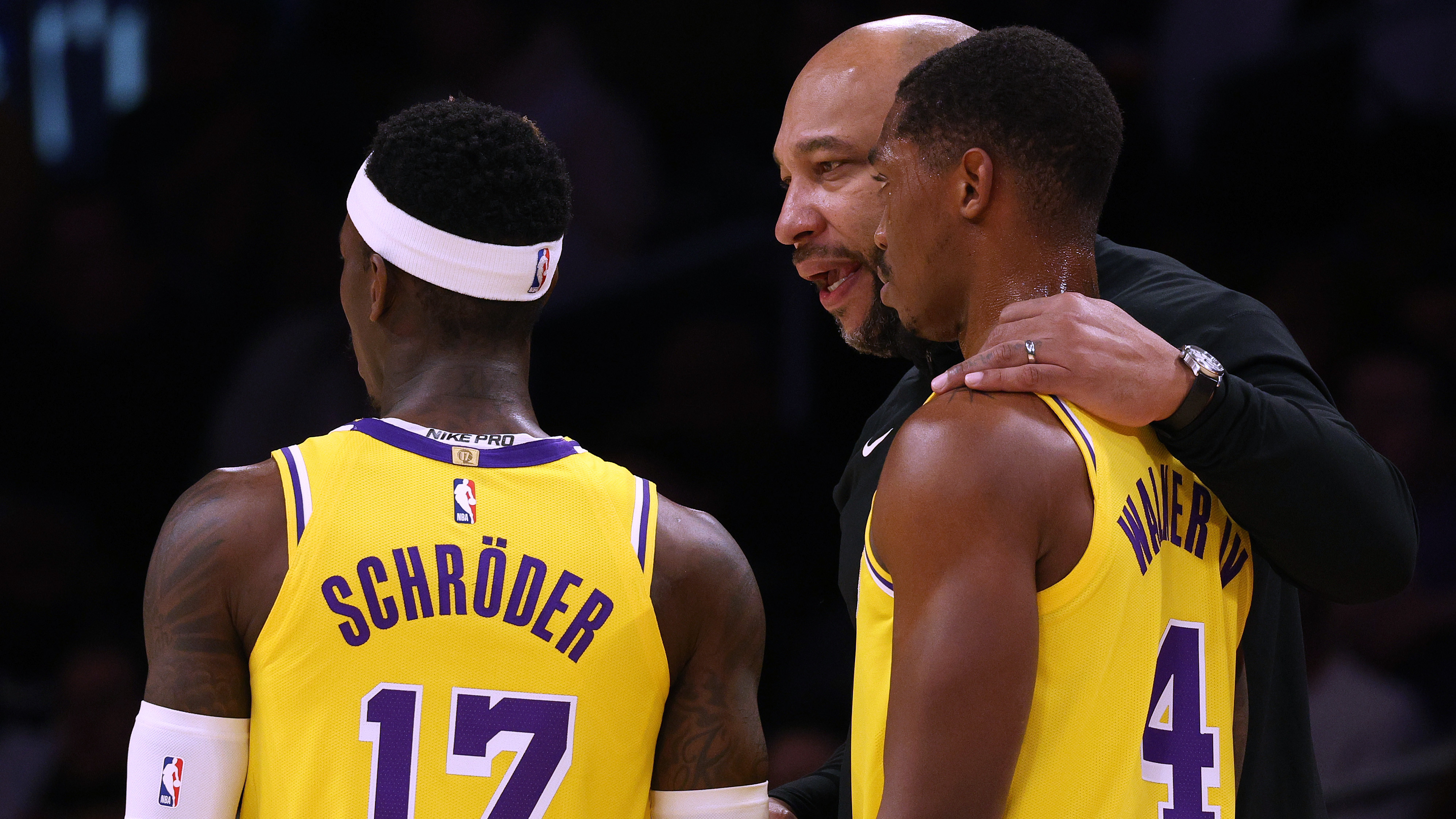 Dennis Schroder and Lonnie Walker of the Los Angeles Lakers during the playoffs