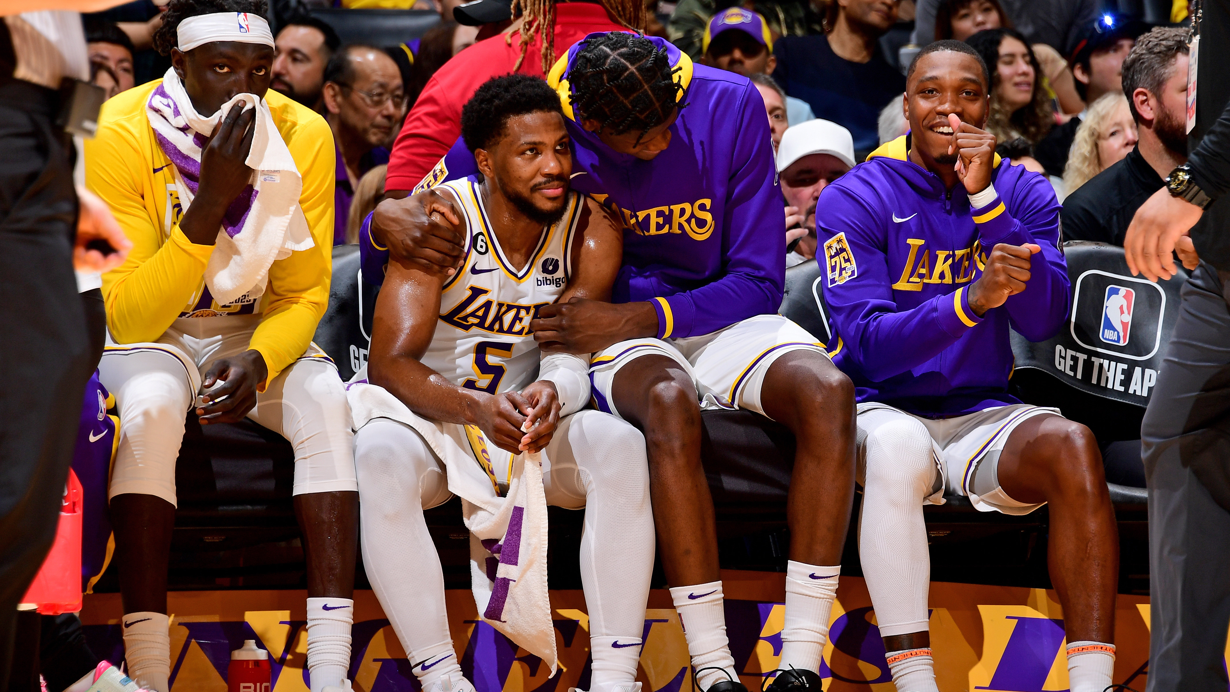 Malik Beasley of the Los Angeles Lakers and his teammate Mo Bamba