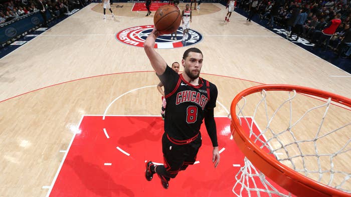 Zach LaVine #8 of the Chicago Bulls dunks the ball during the game against the Washington Wizards on February 11, 2020 at Capital One Arena in Washington, DC.
