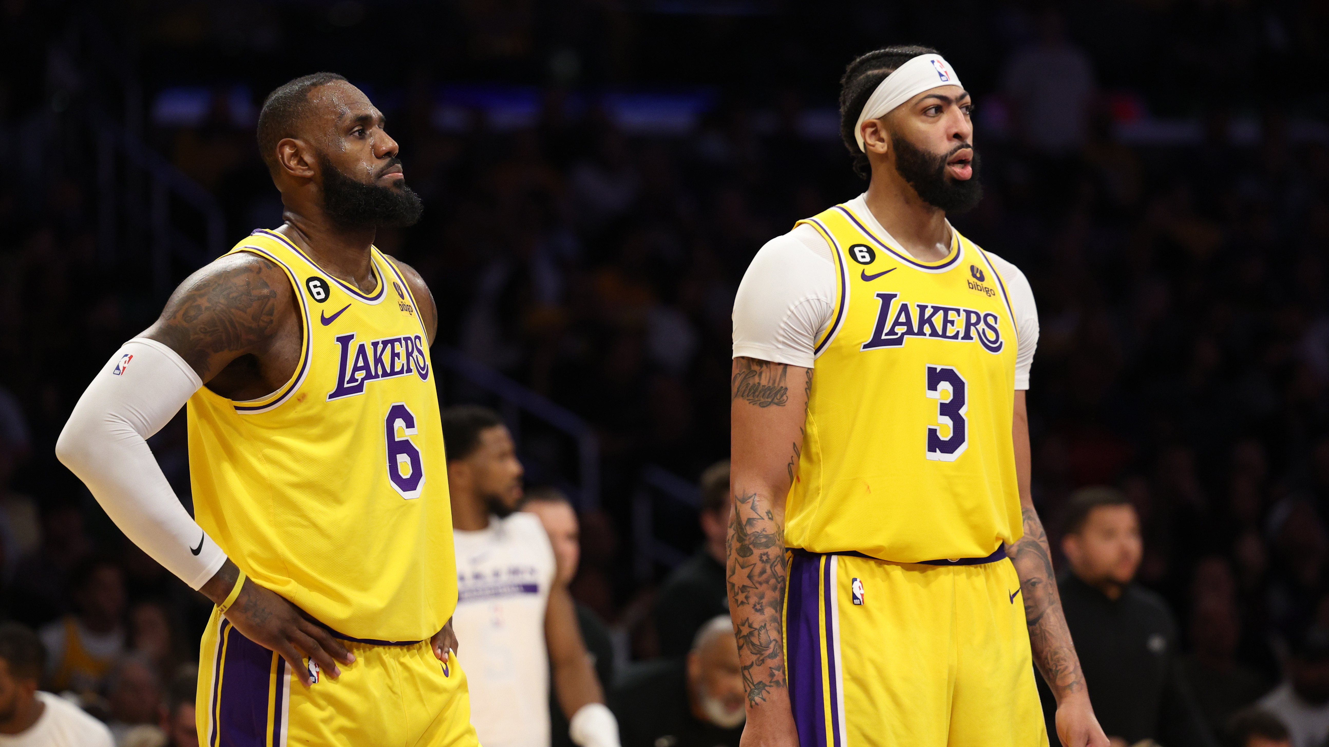 LeBron James and Anthony Davis of the Los Angeles Lakers during the playoffs