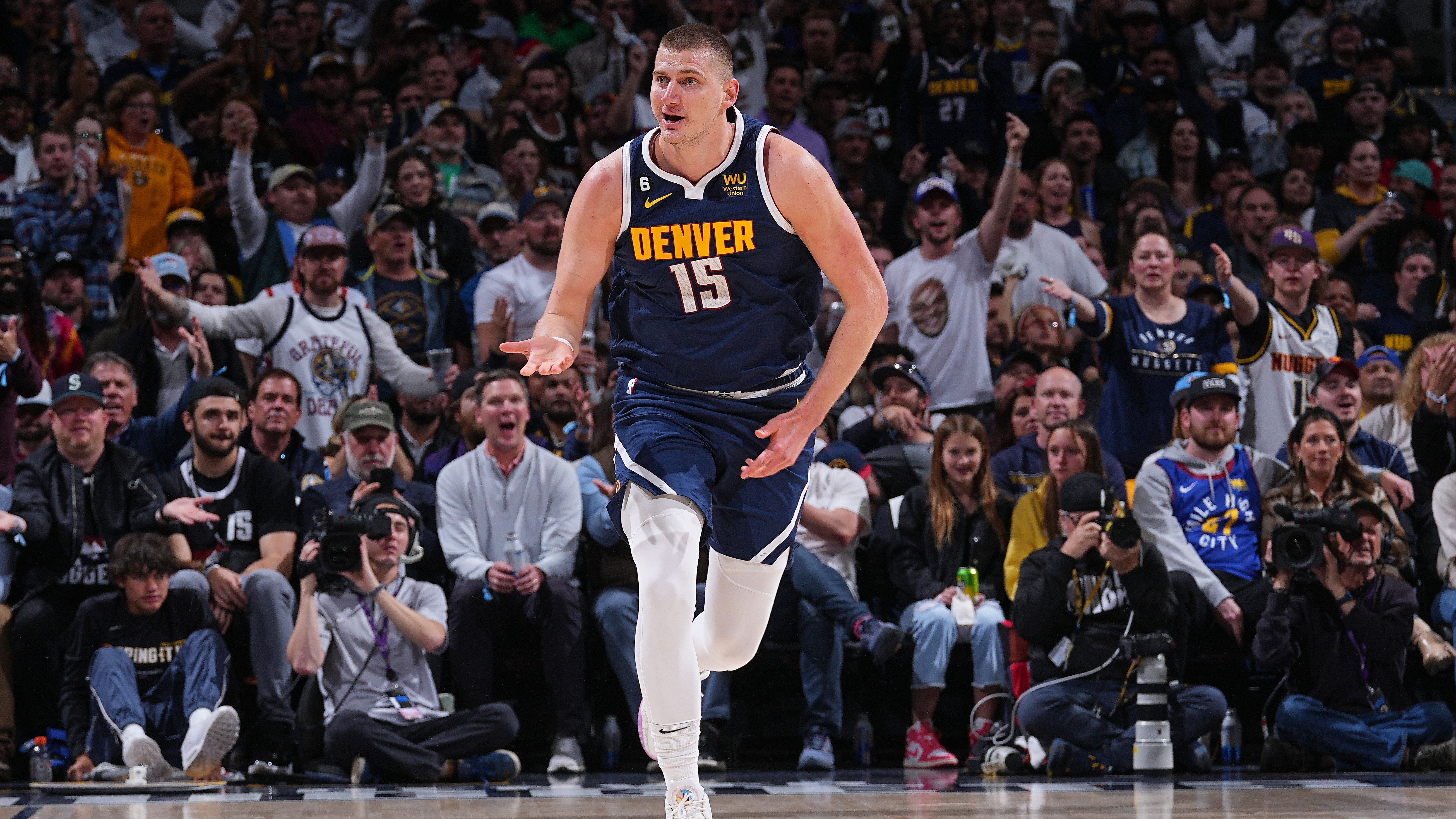 Nikola Jokic from the Denver Nuggets running back down court