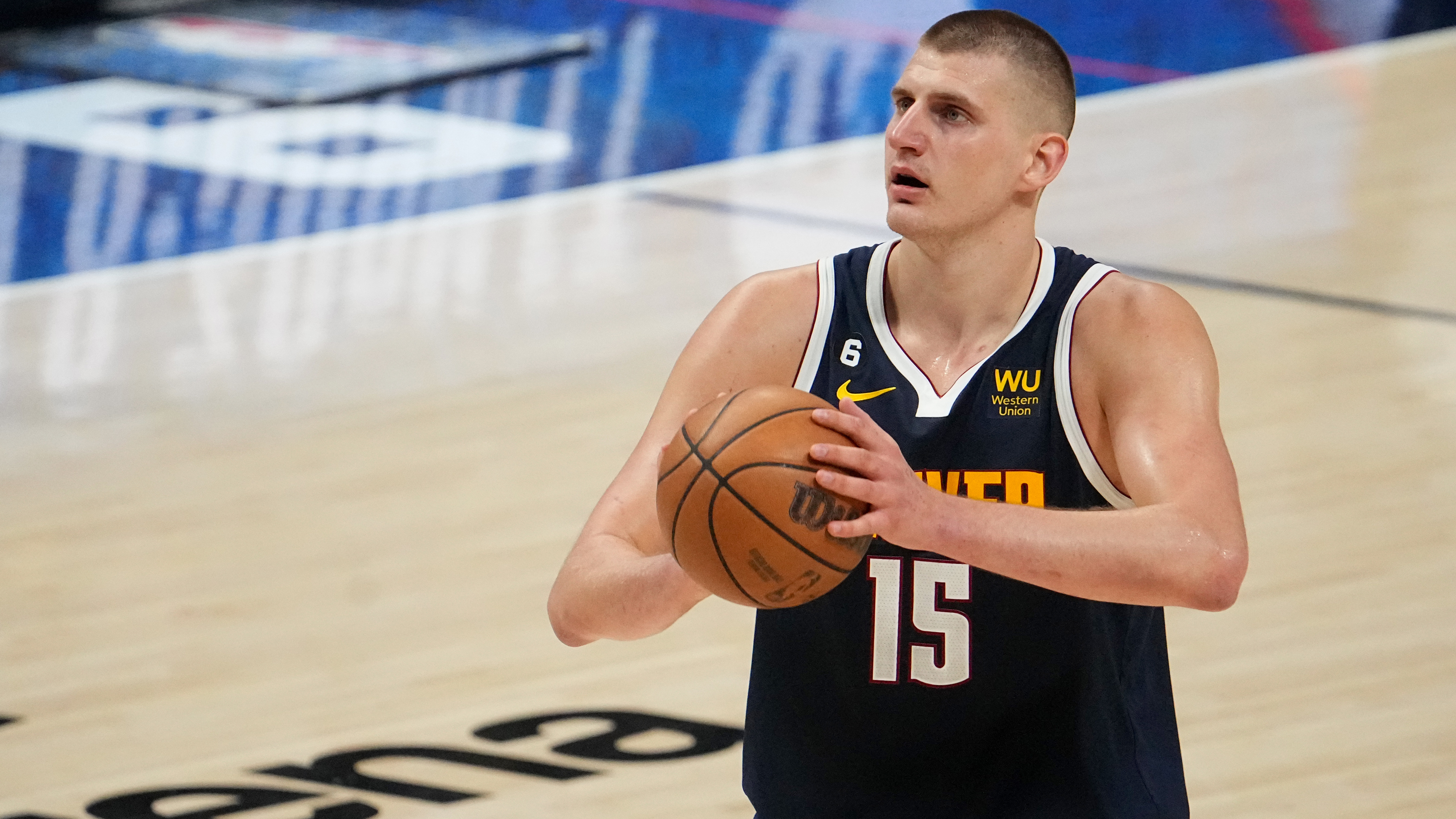 Nikola Jokic from the Denver Nuggets shooting a free throw against the Lakers