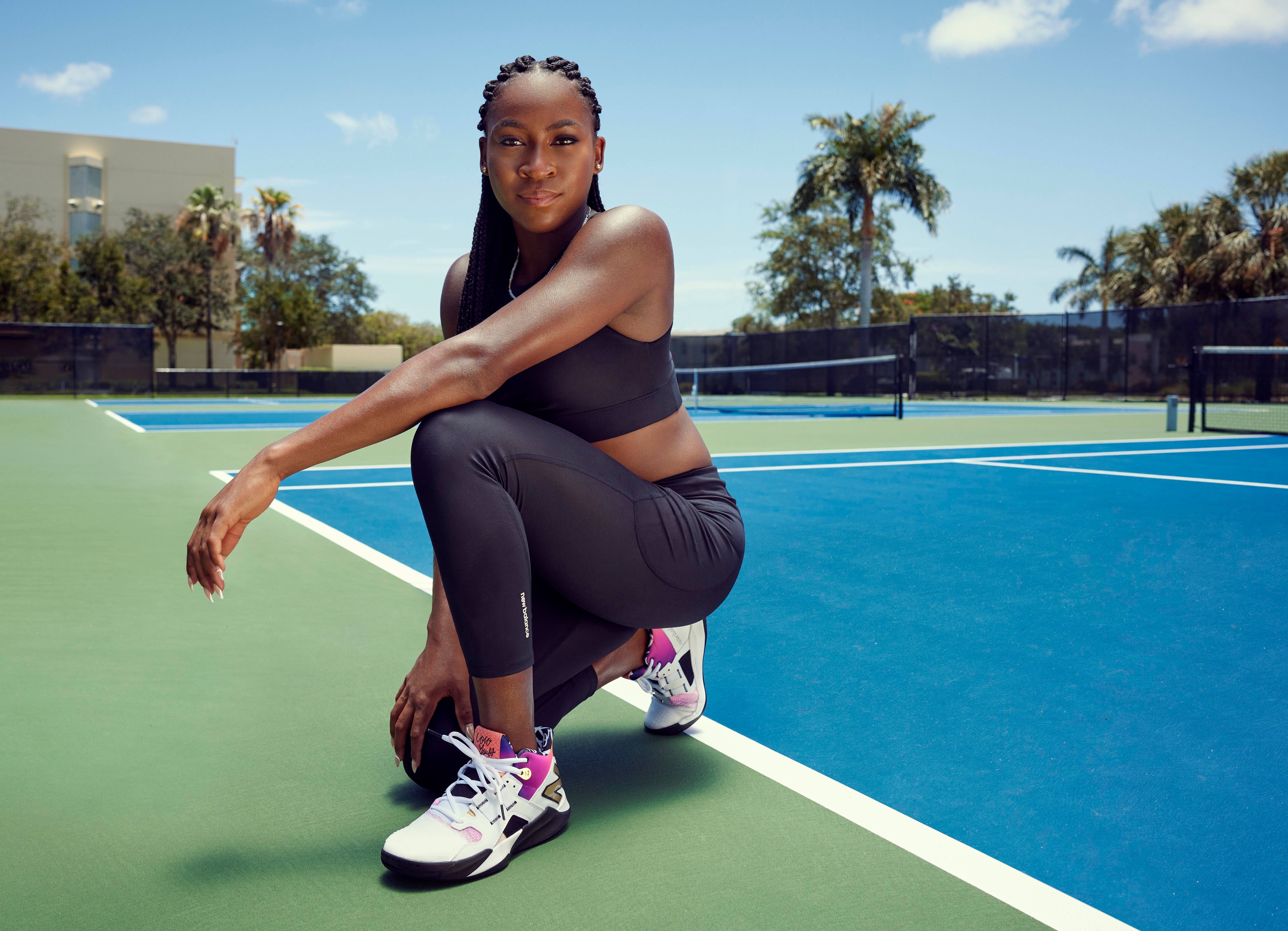 Tennis player Coco Gauff wearing her New Balance Coco CG1 sneaker on a tennis court