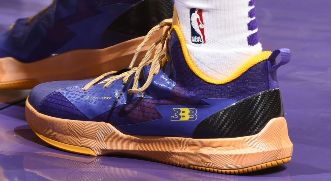 Lonzo Ball Big Baller Brand ZO2 Remix Lakers Purple Gold On Foot