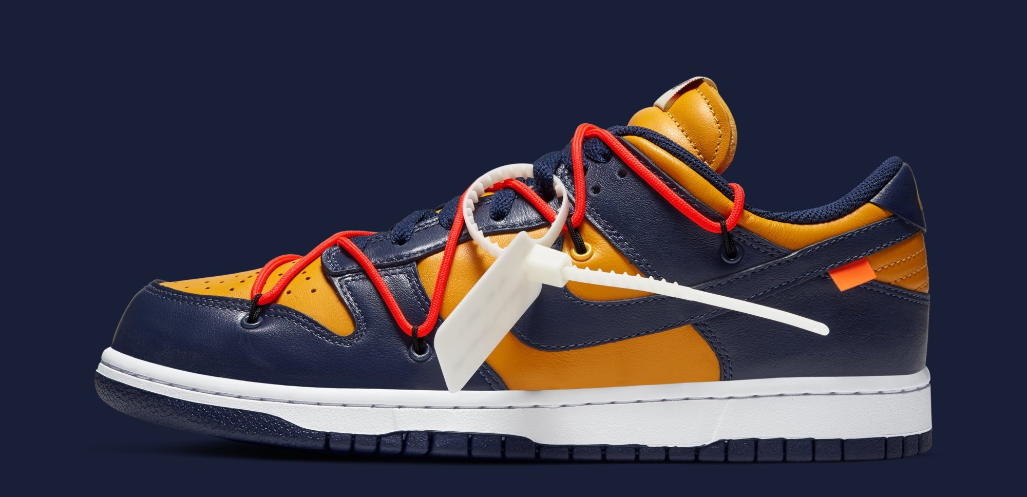 Off White x Nike Dunk Low &#x27;University Gold/White/Midnight Navy&#x27; CT0856 700 (Lateral)