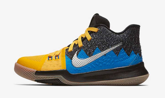 Kid&#x27;s Nike Kyrie 3 &#x27;What The&#x27; University Gold/Blue Glow/Black AH2287-700 (Lateral)