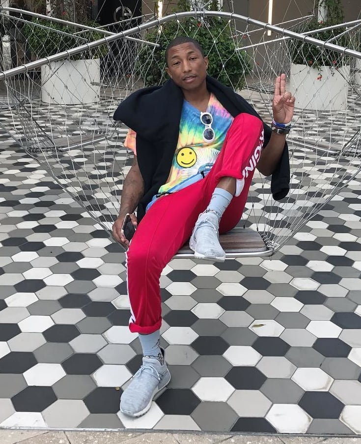 Pharrell wearing the BBC-exclusive &#x27;Clear Grey&#x27; Adidas Human Race NMD TR