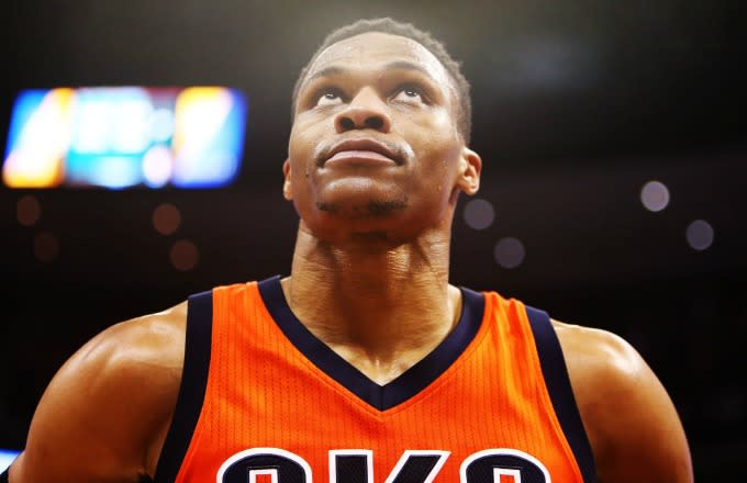 Russell Westbrook reacts to breaking the NBA&#x27;s triple-double record.