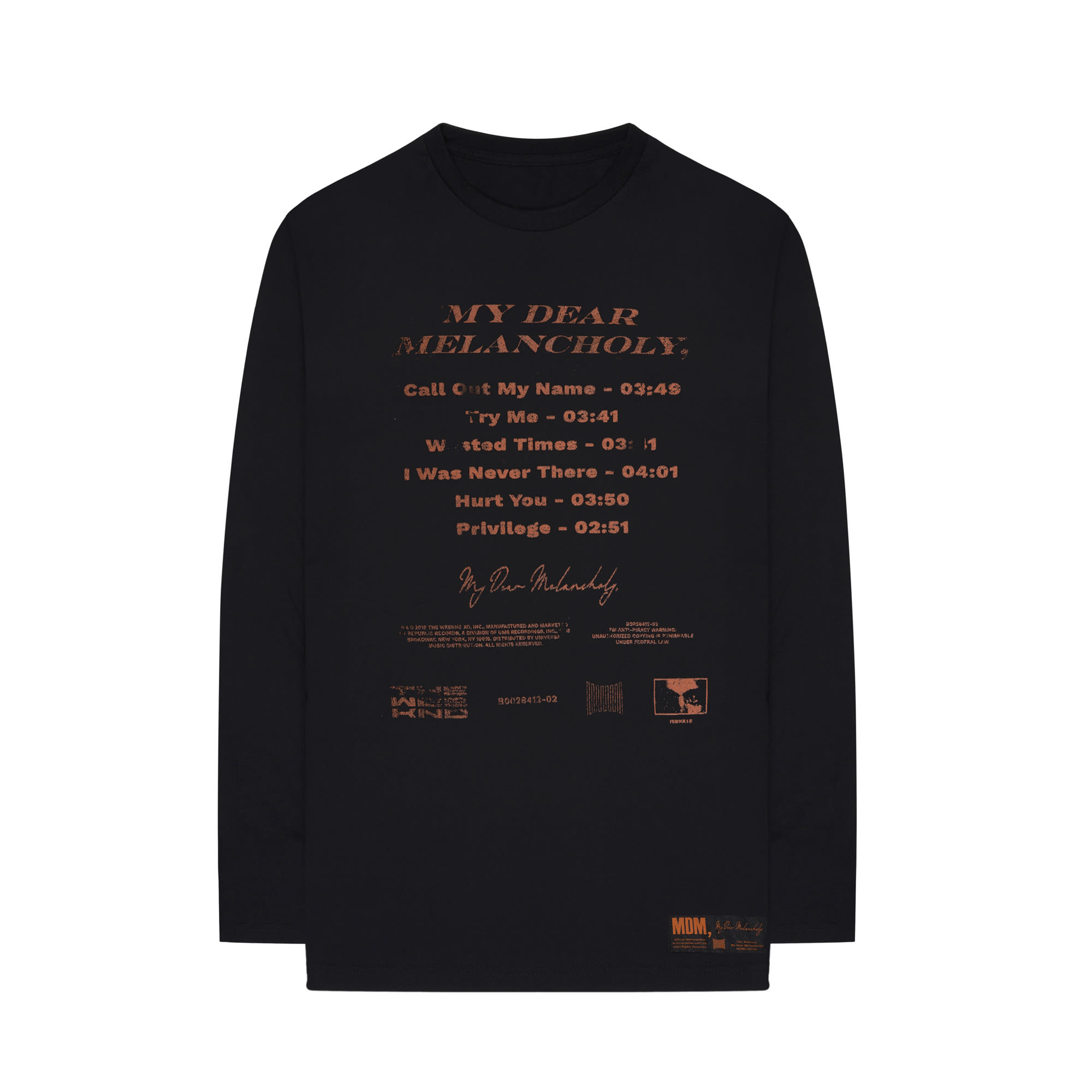 The Weeknd&#x27;s &#x27;My Dear Melancholy&#x27; tracklist long sleeve t-shirt front.