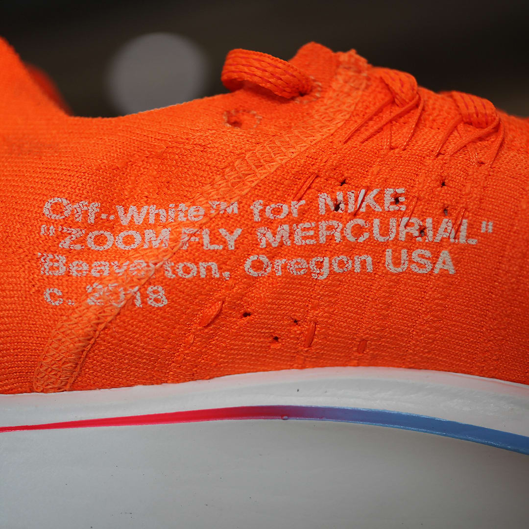 Off-White x Nike Zoom Fly Mercurial Flyknit Total Orange Release Date AO2115-800 Medial Branding