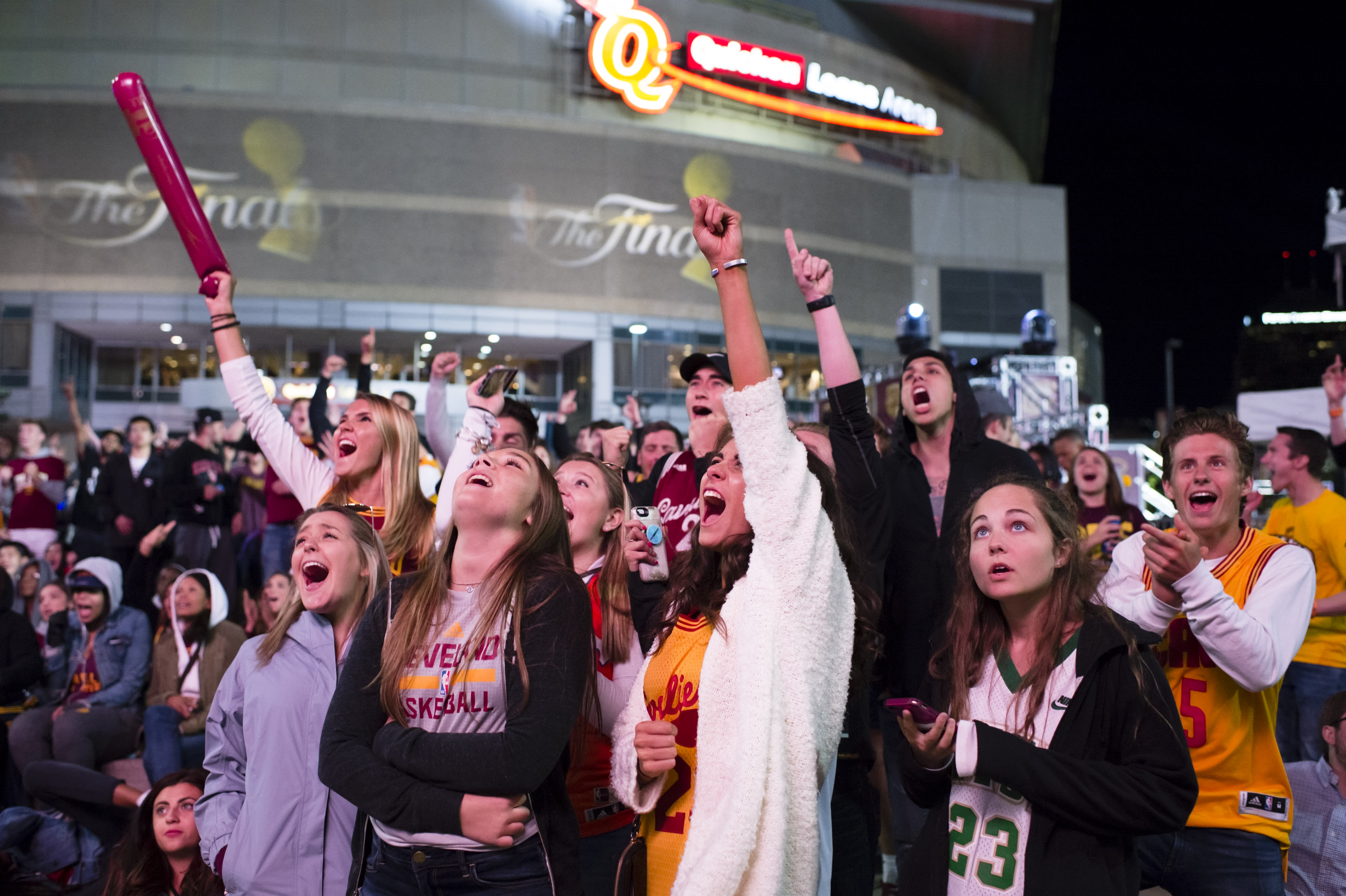 Cavaliers fans cheer outside of Game 3 of the 2017 NBA Finals.