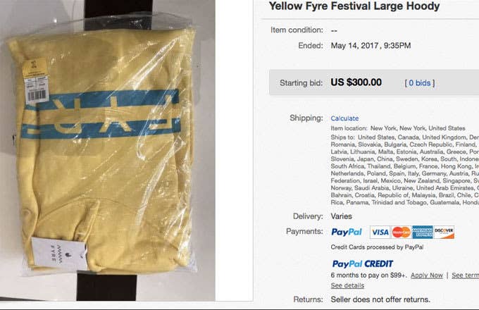 A Fyre Festival hoody being sold on eBay.