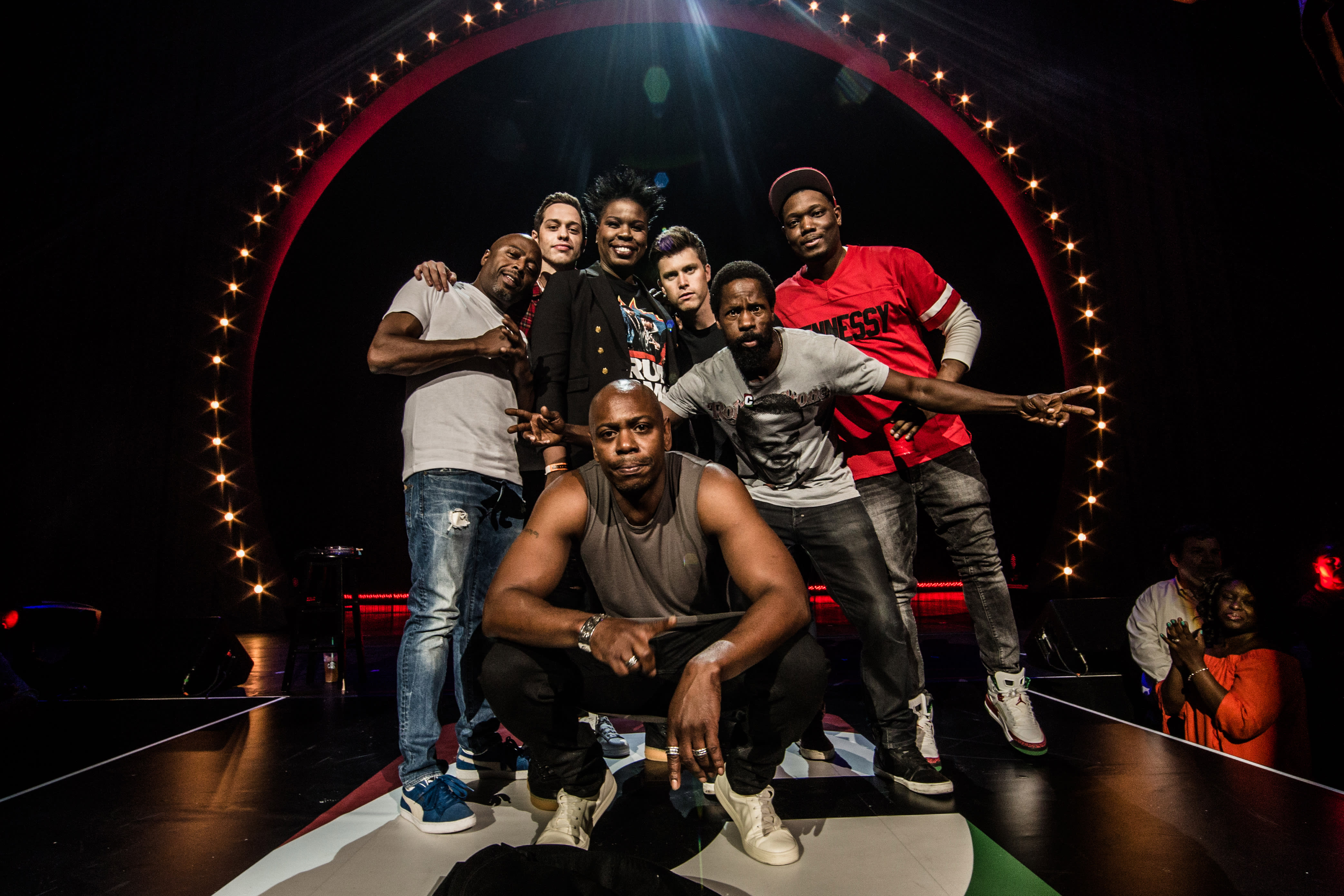 Donnell Rawlings, Pete Davidson, Leslie Jones, Colin Jost, Michael Che, and Dave Chappelle