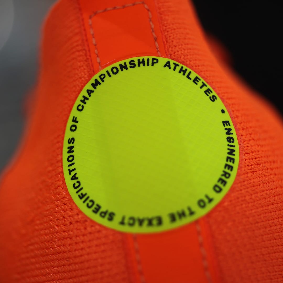 Off-White x Nike Zoom Fly Mercurial Flyknit Total Orange Release Date AO2115-800 Heel Logo