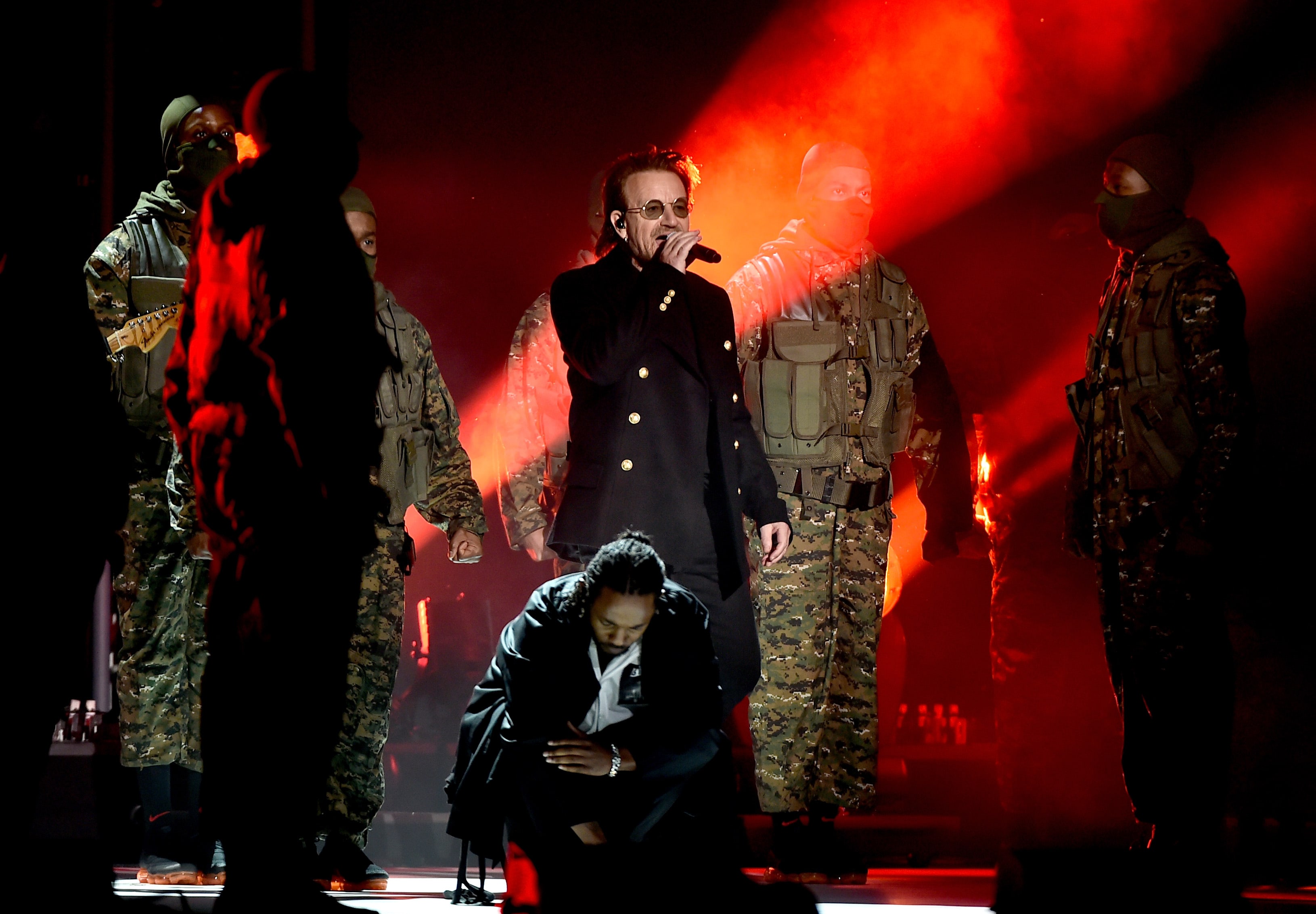 Bono performs alongside Kendrick Lamar during 60th Annual Grammy Awards