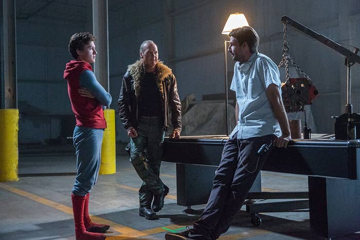 Tom Holland, Michael Keaton, and Jon Watts on the set of &#x27;Spider-Man: Homecoming&#x27;