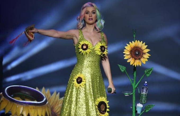 Katy Perry performing in a sunflower dress in Taiwan