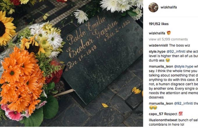 Wiz Khalifa took a picture of Pablo Escobar&#x27;s gravestone.