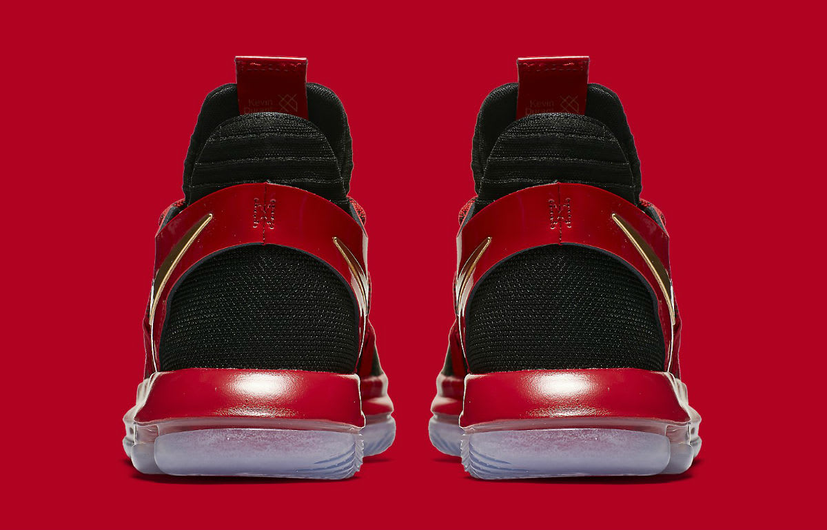 Nike KD 10 LE GS Black Metallic Gold University Red Bright Crimson Release Date AJ7220-076 Heel