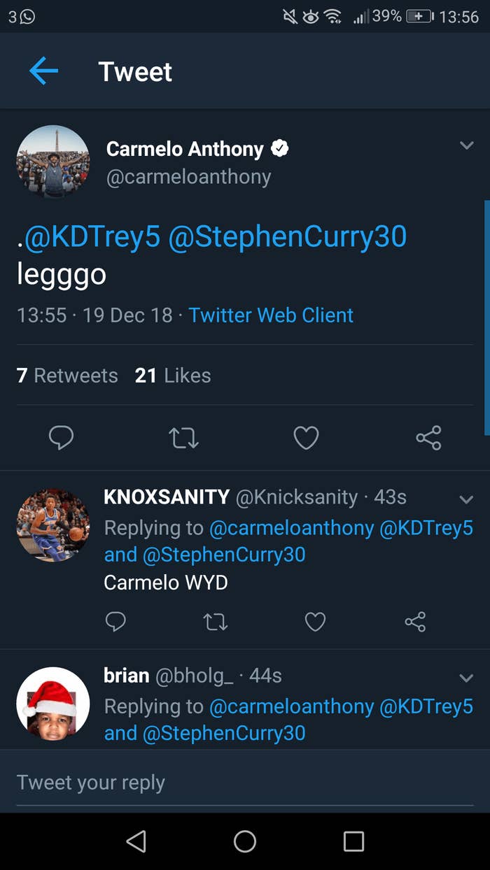 Is this Carmelo Anthony&#x27;s deleted tweet?