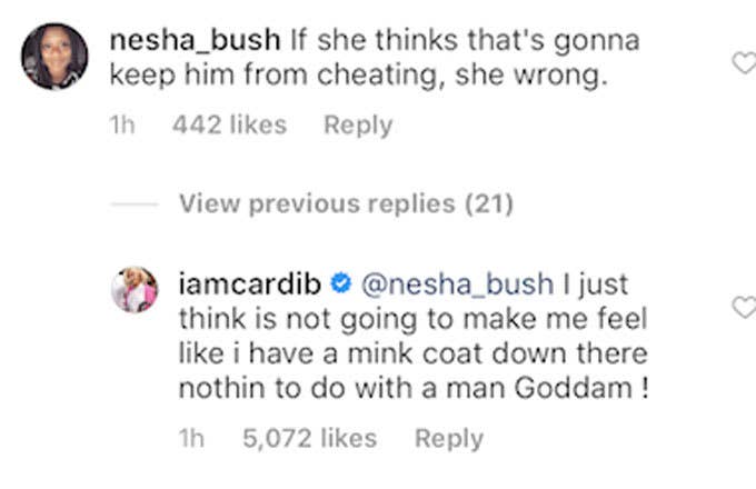 Cardi B responds to a fan saying Offset will cheat on her again.