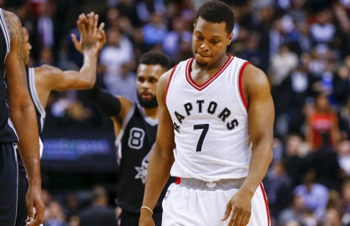 Kyle Lowry reacts to a call against him during a game against the Spurs.