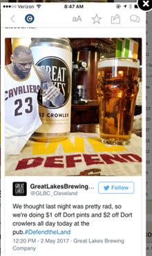 A tweet from Great Lakes Brewing trying to capitalize off LeBron holding their bottle.
