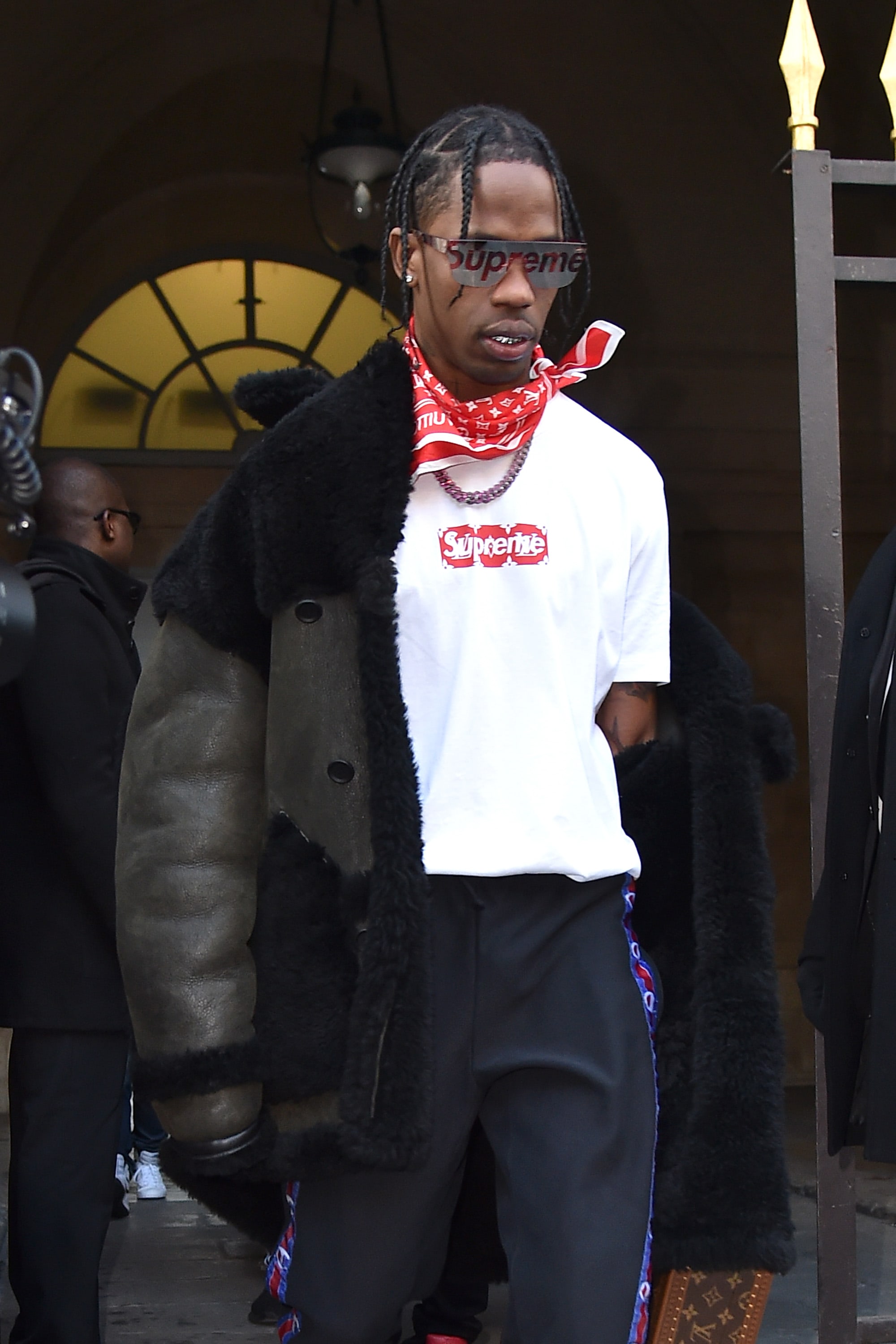 Travis Scott Wears Louis Vuitton x Supreme During Louis Vuitton