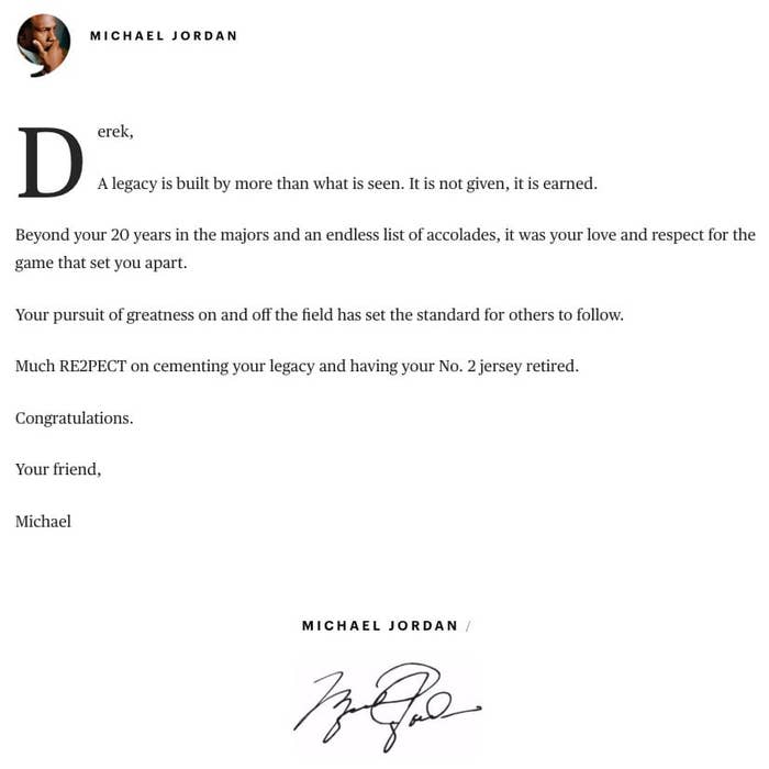 Michael Jordan Players&#x27; Tribune Letter to Derek Jeter