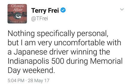 A screenshot of the tweet that eventually got sportswriter Terry Frei fired.