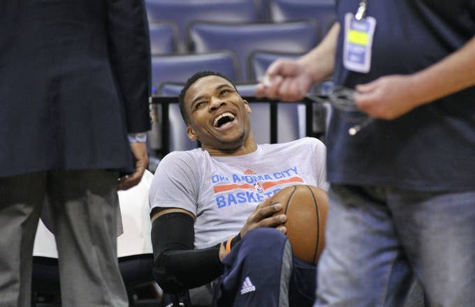 Russell Westbrook laughs before a game against the Grizzlies.