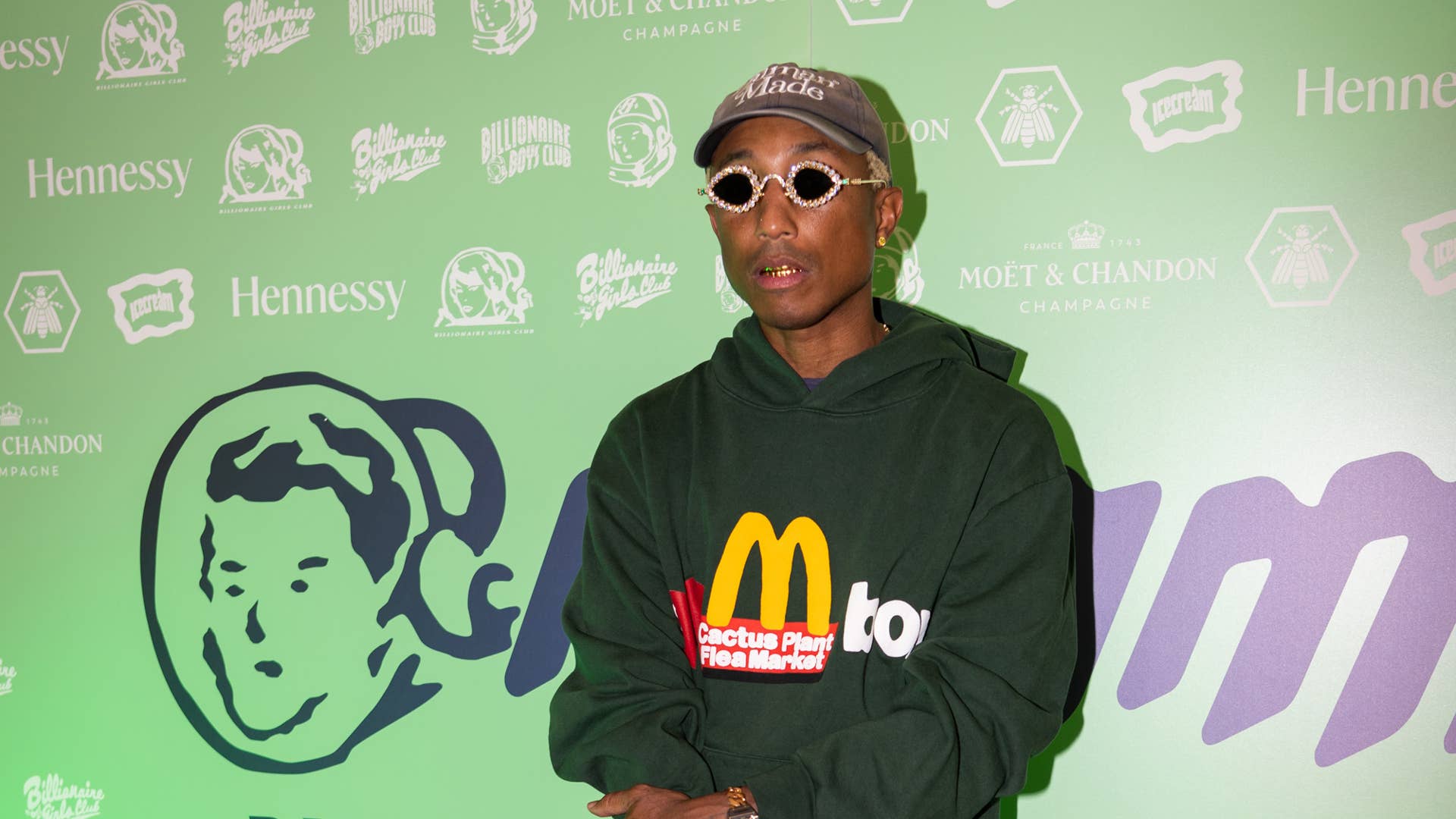 Pharrell is seen at a BBC event