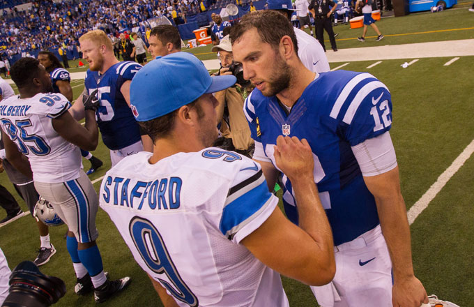 Matthew Stafford and Andrew Luck talk following a 2016 game between the Lions and Colts.