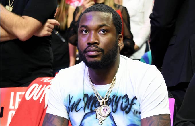 Meek Mill attends Game Three of Round One of the 2019 NBA Playoffs