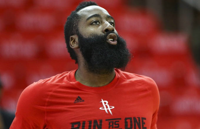 James Harden warms up for Game 6 against the Spurs.