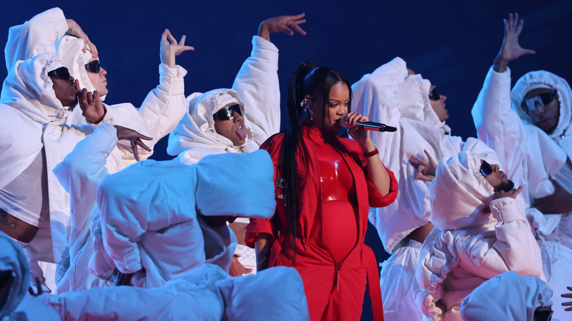 Rihanna performing at Super Bowl 2023 halftime
