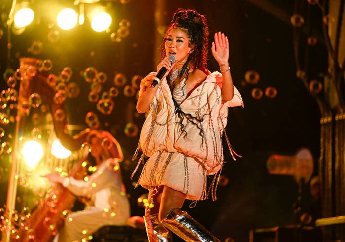 Singer Jhene Aiko performs on Day 2 of Sol Blume Festival 2022 at Discovery Park on May 01, 2022 in Sacramento, California