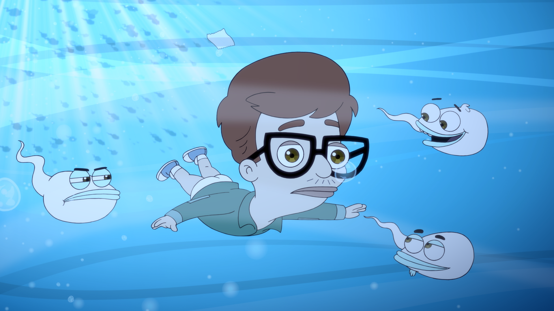 Andrew swimming with sperm in &#x27;Big Mouth&#x27;.