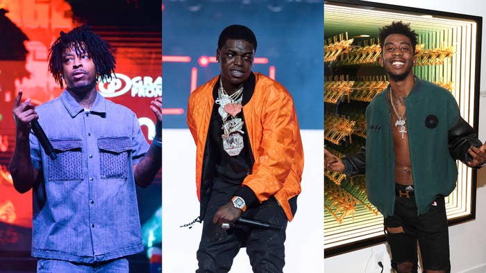 A three image splice of rappers 21 Savage, Kodak Black, and Desiigner