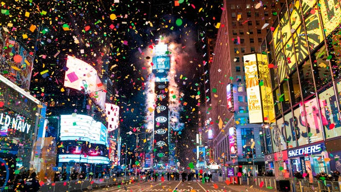 A New Year&#x27;s Eve celebration in Times Square is shown.