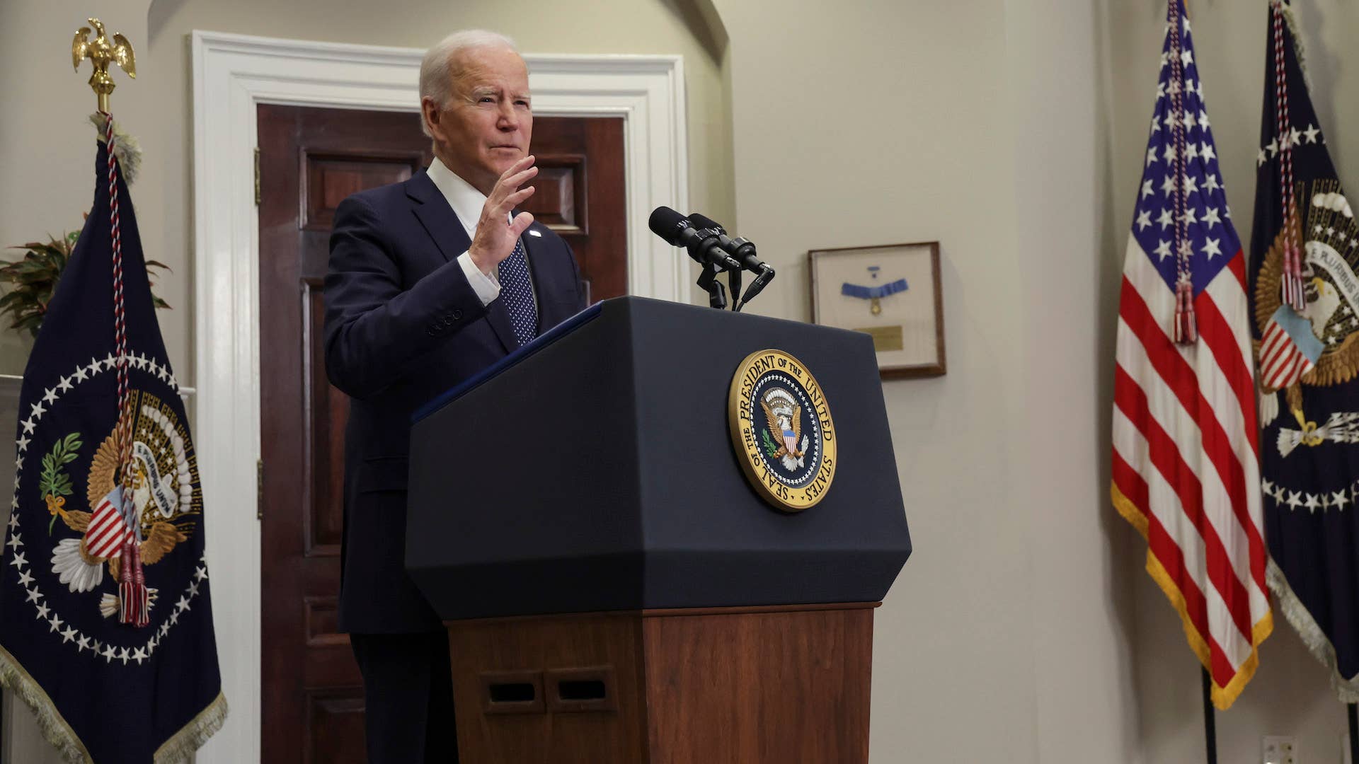 U.S. President Joe Biden arrives to speak to update the situation of the Ukraine-Russia border crisis.