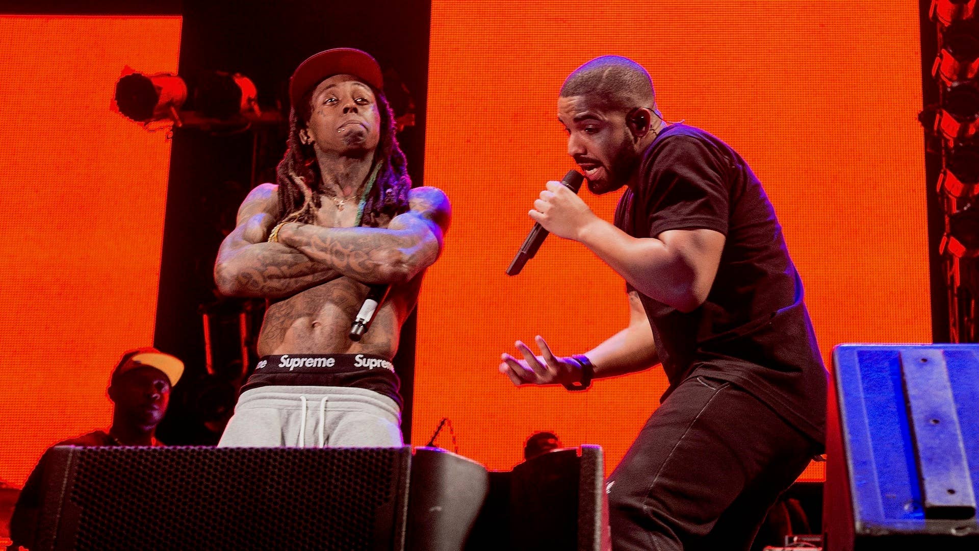 Rapper Lil Wayne and Drake perform during Lil Weezyana Festival