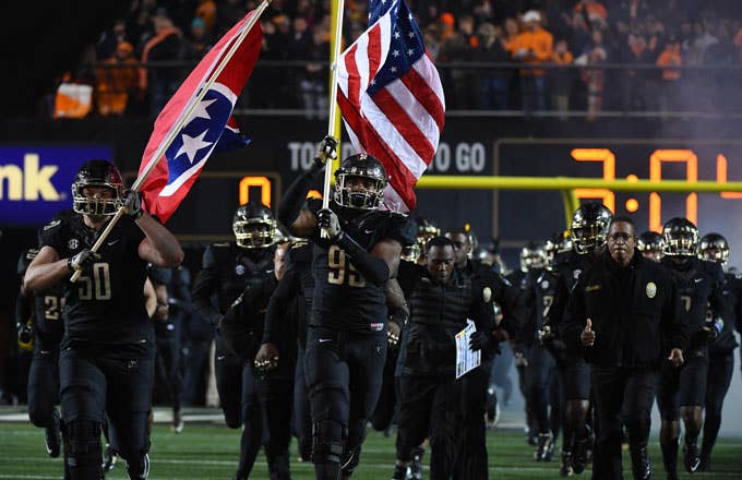 Vanderbilt players take the field prior to the game against Tennessee.